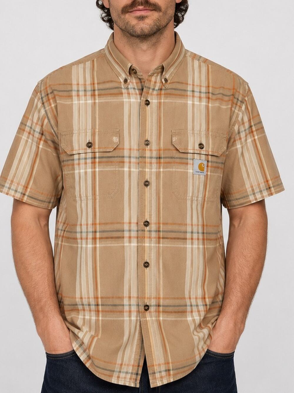 Carhartt Loose Fit Plaid Button Front Shirt Tan Orange Short Sleeve Cotton M